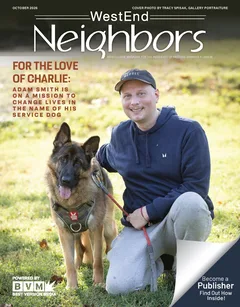 Cover of the October 2026 issue of WestEnd Neighbors, showing Adam Smith kneeling beside a German shepherd
